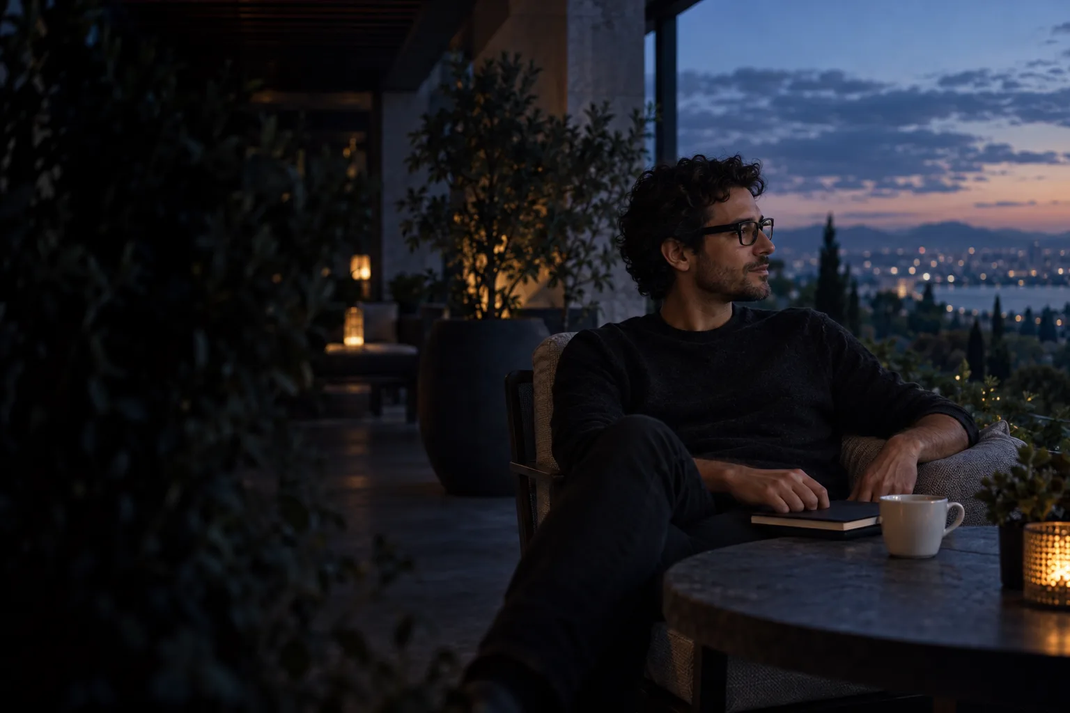 Illustrative quiet terrace scene with a developer wearing smart glasses