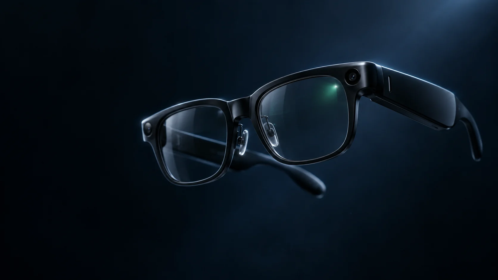 Illustrative close-up of black display-equipped smart glasses suspended in midnight-blue light