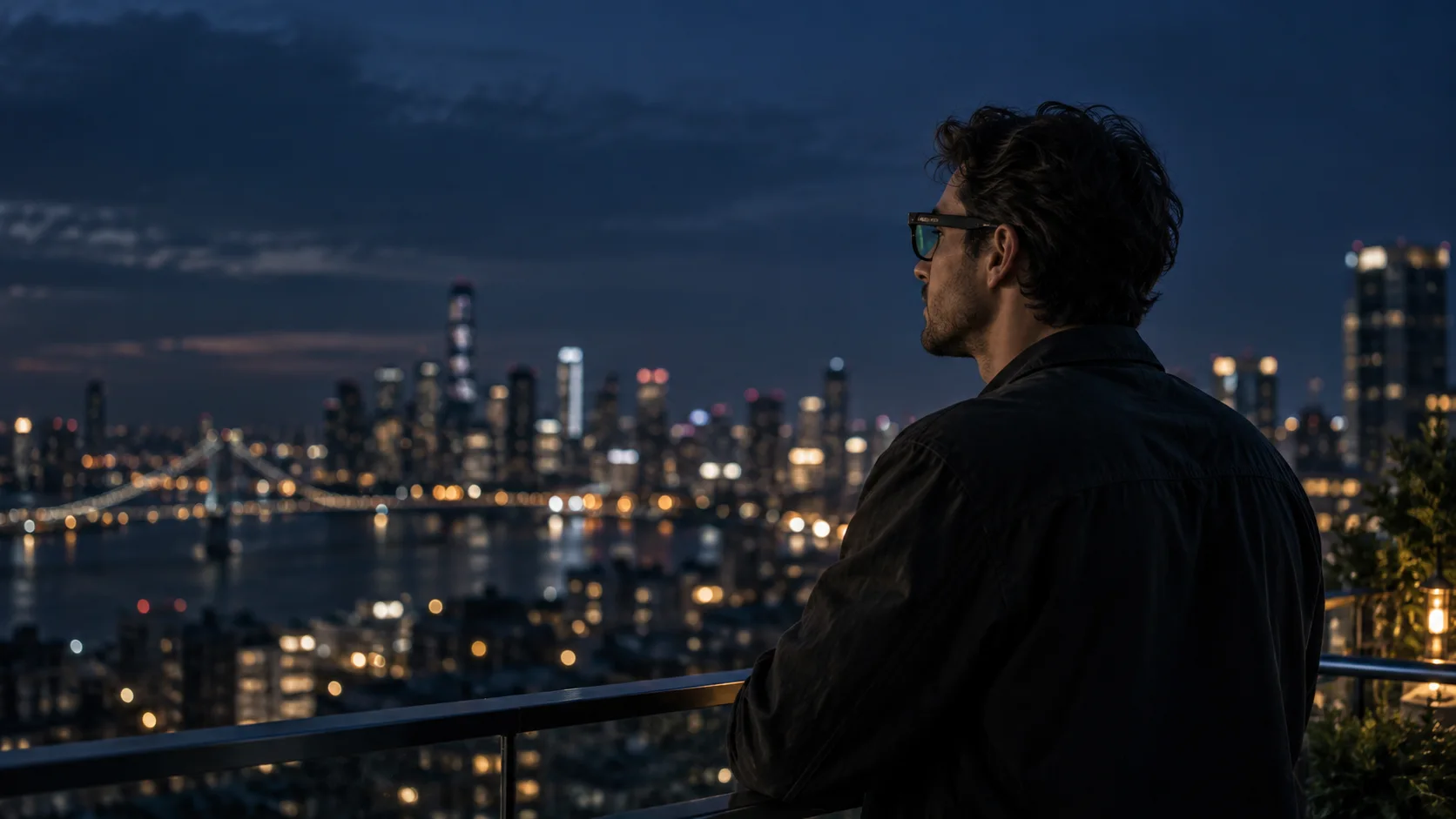 Illustrative scene of a developer wearing smart glasses on a rooftop at blue hour